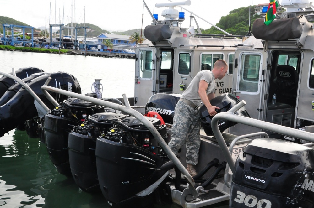A Caribbean Basin Security Initiative Technical Assistant Field Team member completes boat checks June 7, 2016 in St. George's, Grenada, for Exercise Tradewinds 2016.