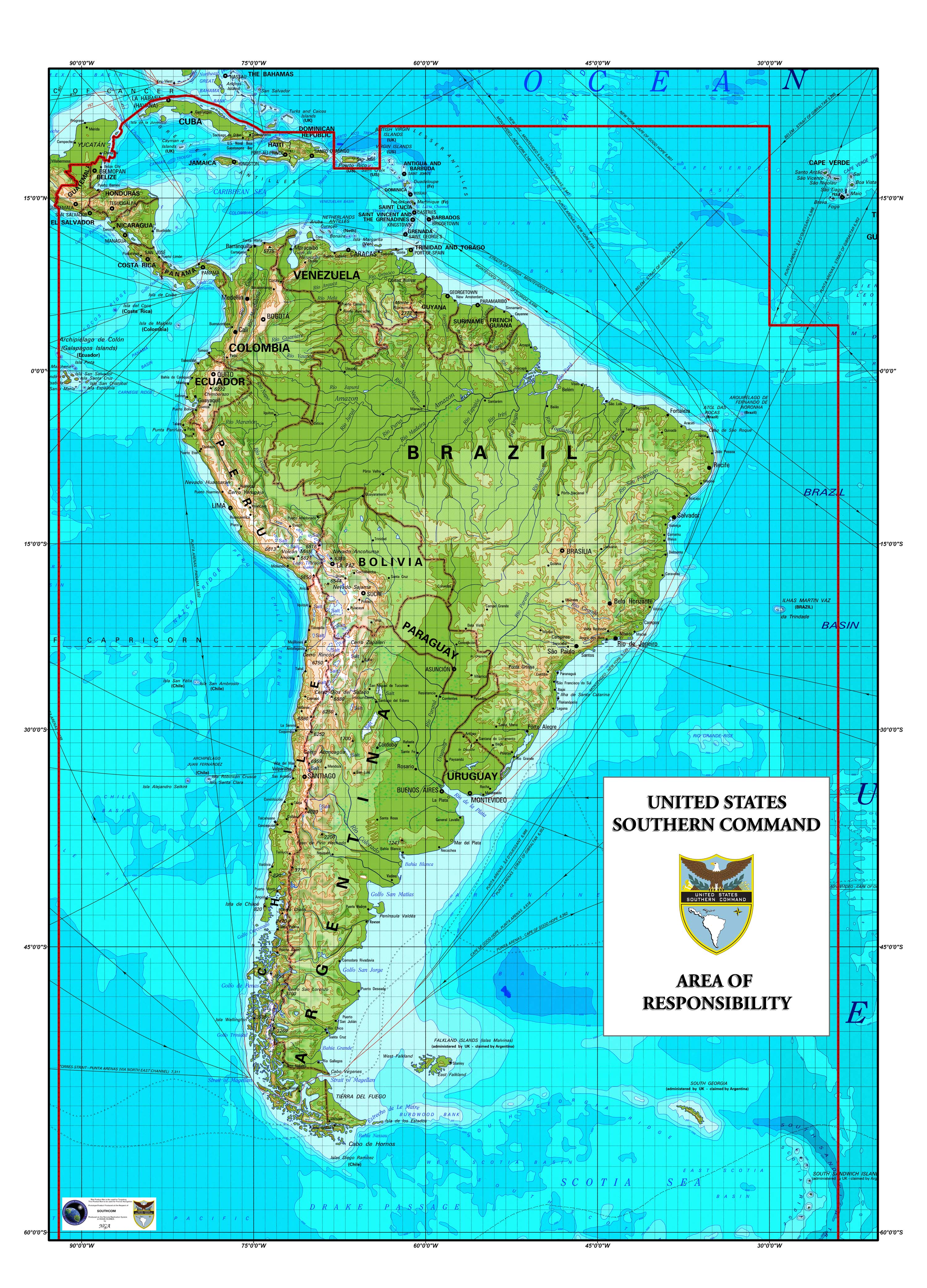 Mapa da América Central e América do Sul delineando a área de responsabilidade do SOUTHCOM