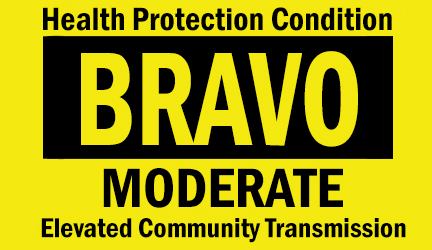 Installation Health Force Protection Status Graphic. TEXT: Bravo + Elevated Community Transmission