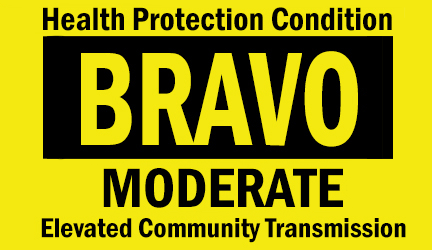 Installation Health Force Protection Status Graphic. TEXT: Bravo + Elevated Community Transmission Installation Health Force Protection Status Graphic. TEXT: Bravo + Elevated Community Transmission